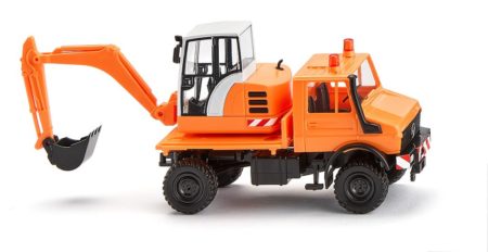 Wiking: Unimog mit Bagger – kommunalorange