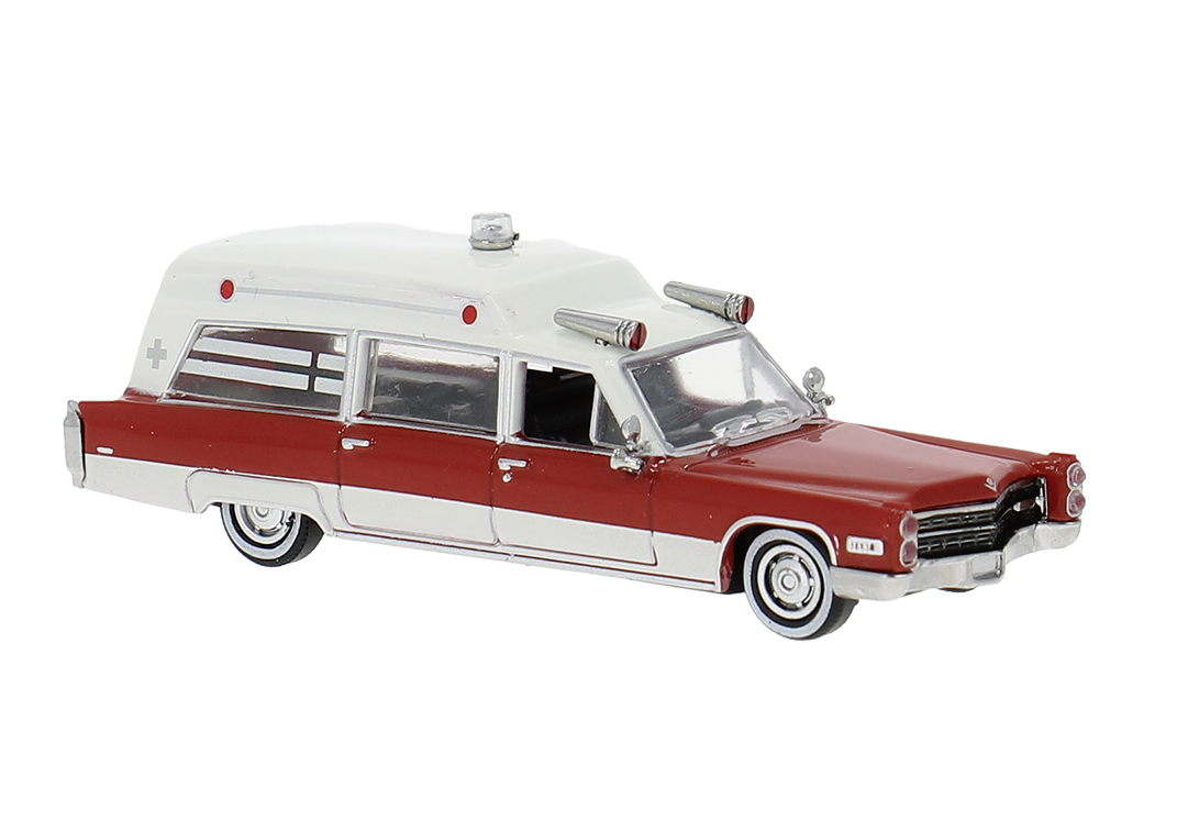 Brekina: Cadillac Miller Meteor Ambulance (1966), weiß / rot