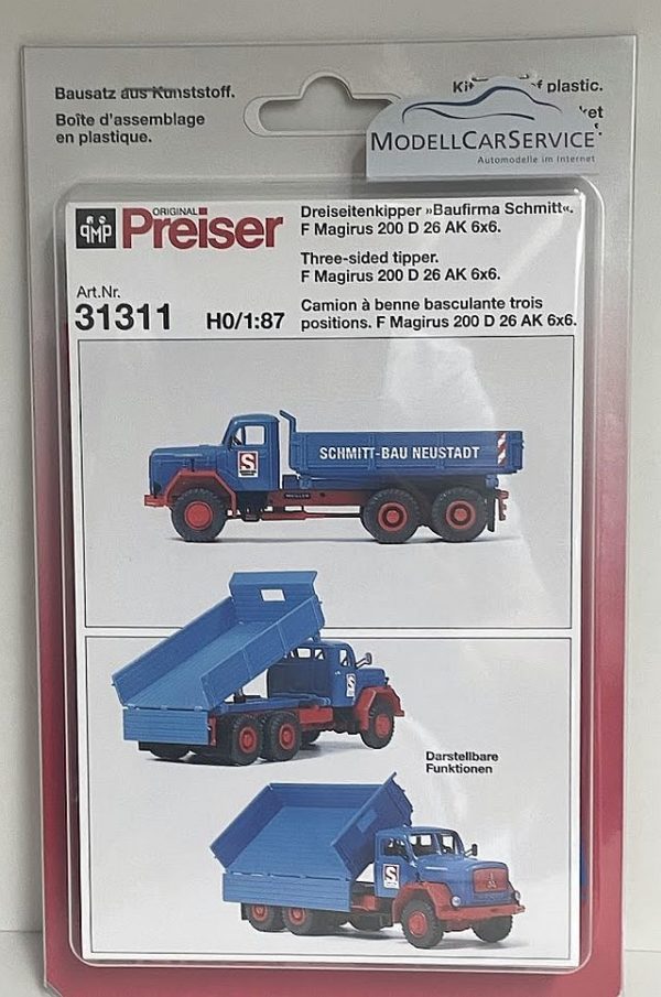 Preiser: Magirus F 200 D 26 AK Dreiseitenkipper, blau/rot – Bild 4