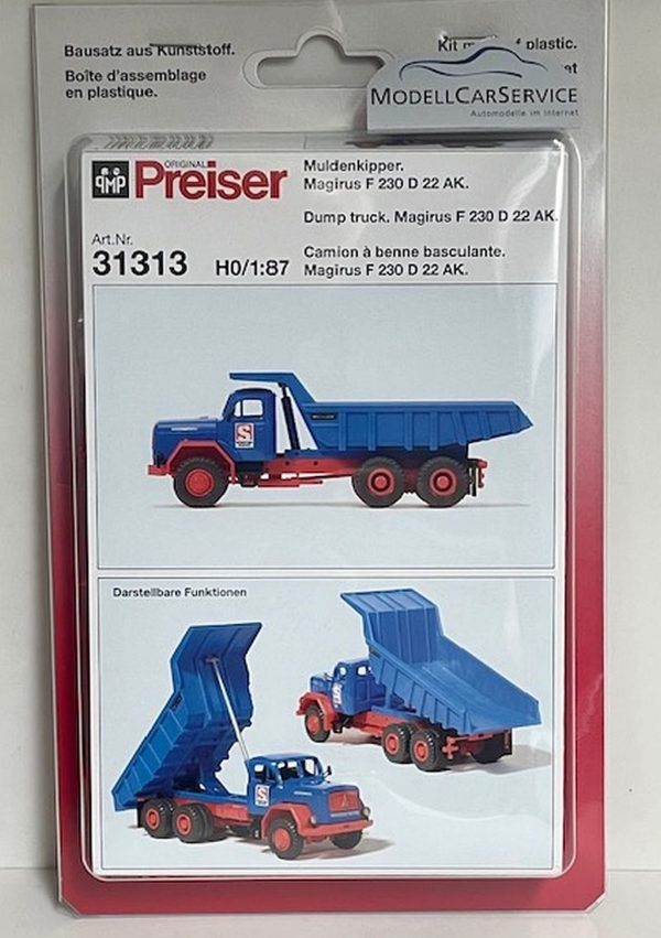 Preiser: Magirus F 230 D 22 AK Muldenkipper, blau/rot – Bild 4
