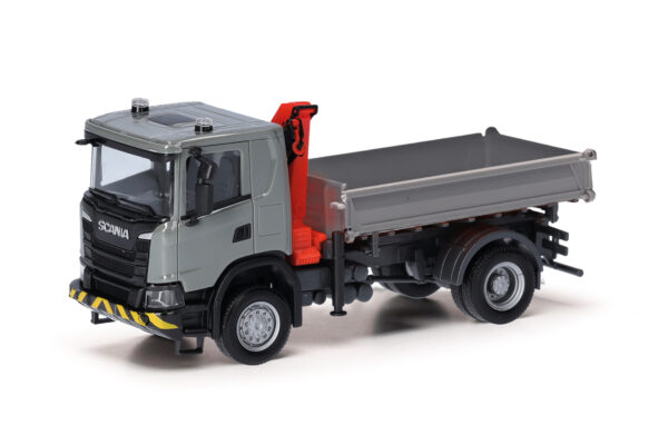 Herpa: Scania XT17 3-Seitenkipper mit Ladekran, grau/gelb -0