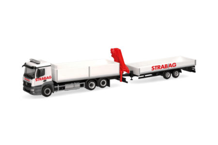 Herpa: MB Actros M Baustoff-Lkw mit Kran und Tieflade-Anh. "STRABAG" (AT)