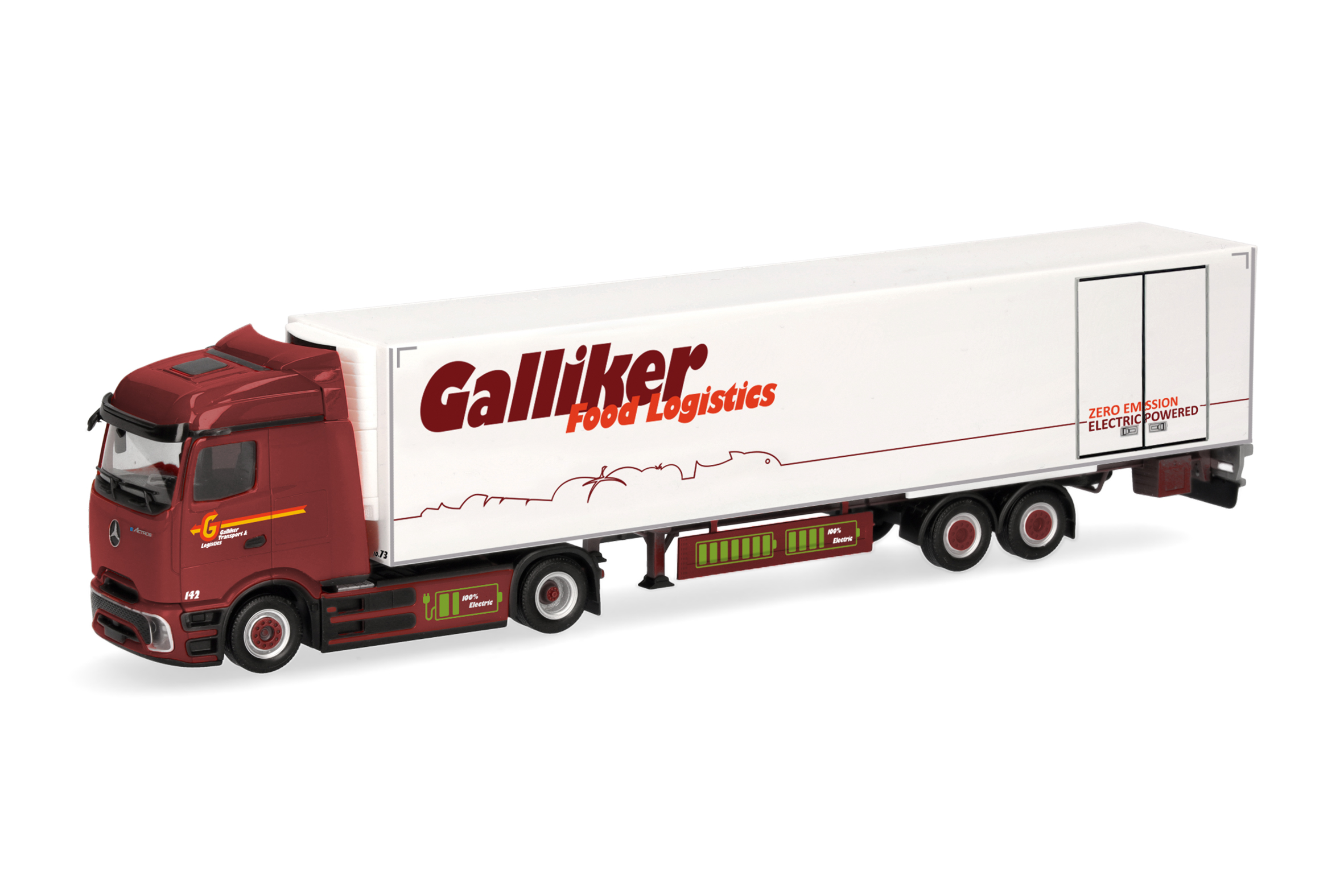 Herpa: MB eActros 600 BS Kühlkoffer-Sattelzug "Galliker" (CH)