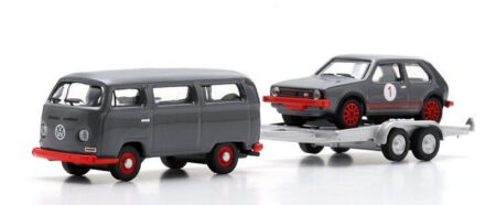 Schuco 1/87: VW T2 Bus mit Transportanhänger und VW Golf I GTI #1"
