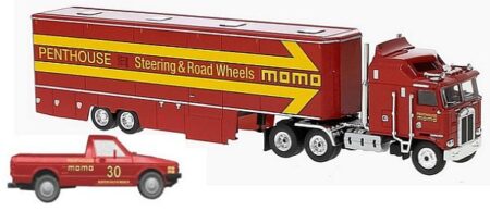 Brekina: Kenworth K 100 Renntransporter "Momo / Penthouse" (mit VW Caddy von Wiking)-0