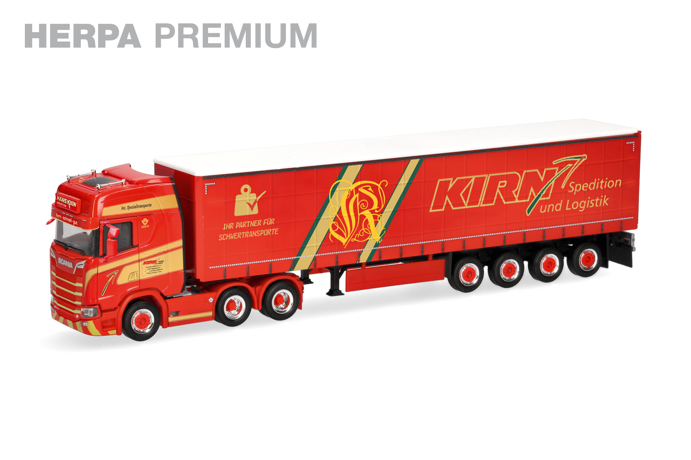 Herpa Premium: Scania CS 20 Hochdach Gardinenplanen-Sattelzug "Hans Kirn"