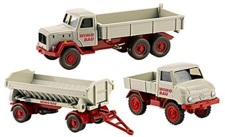 Wiking: "WiMo-Bau" Set 2: Magirus Eckhauber Pritschenkipper, Mulden-Kippanhänger und MB Unimog 411-0